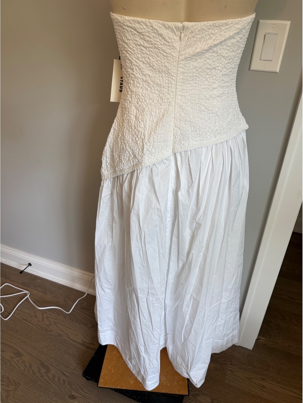 STAUD Strapless White Midi Dress with Textured Bodice and Flowing Skirt - Picture 9 of 10